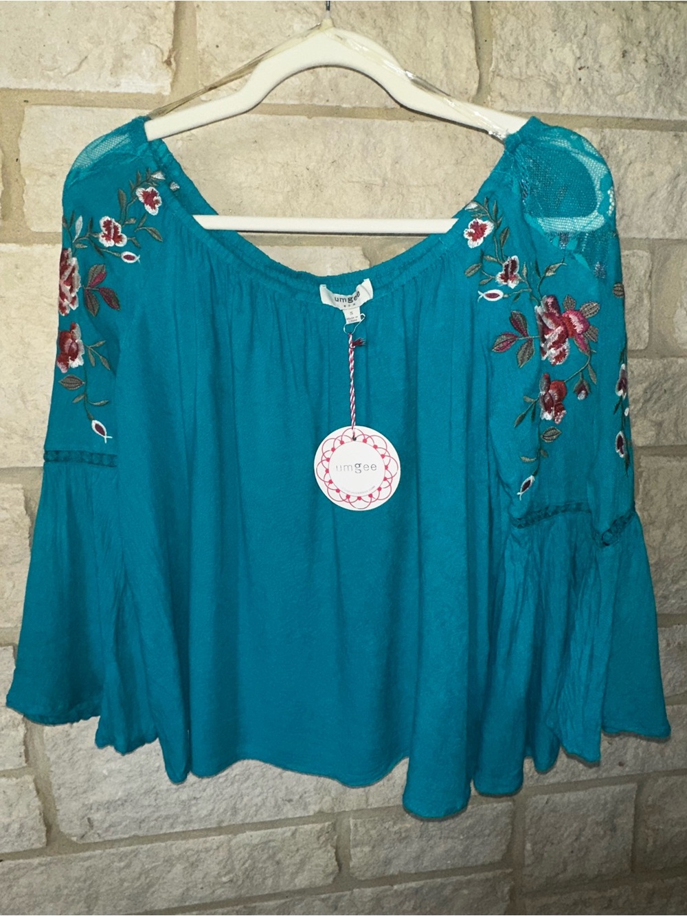 Umgee Turquoise Embroidered Boho Peasant Blouse